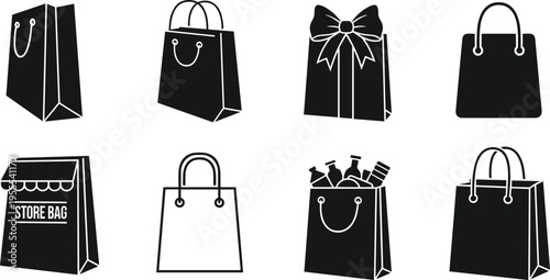 Set of eight black and white shopping bag icons with varied handles, bows, groceries, and store branding, perfect for retail, packaging, e-commerce, and digital design.