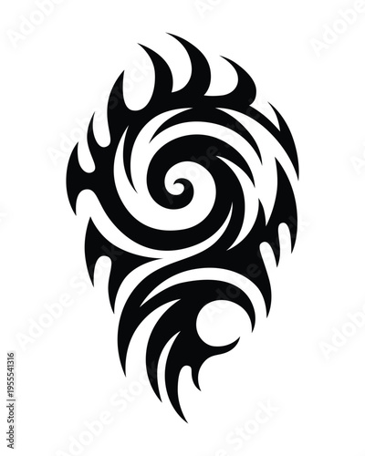 Bold tribal tattoo sketch with swirling lines, spikes, and a central spiral motif. Symmetrical and dynamic design, perfect for body art, tattoo studios, and cultural decorative projects.