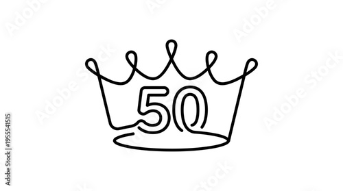 Crown with 50 Continuous Single Line Minimalist Fifty and Fabulous Birthday Line Art Illustration
