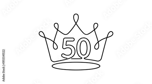 Crown with 50 Continuous Single Line Minimalist Fifty and Fabulous Birthday Line Art Illustration