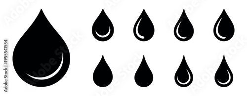 Water drop shape icon set featuring silhouettes of water, blood, and oil drops, various shapes for rain, plumbing, and liquid symbol design, vector illustration