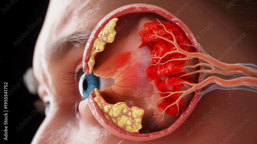 Fototapeta premium Human eye anatomy with tumors and vessels cancer ophthalmology