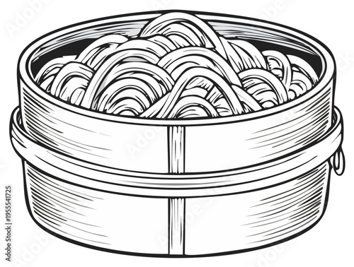 Illustration of a bamboo steamer filled with noodles