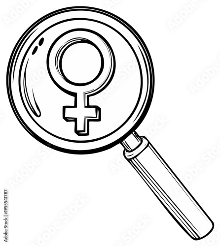 Magnifying glass examining the female gender symbol in black and white