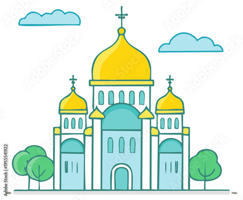 Stylized Orthodox Church with Golden Domes and Trees Under Cloudy Sky