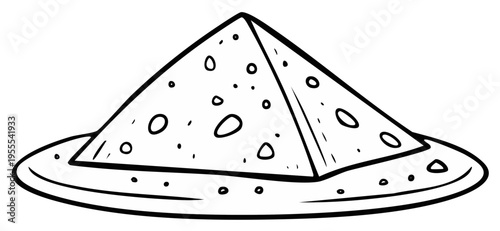 Black and white outline of a pyramid shaped baked tortilla chips on a plate, drawing of party food