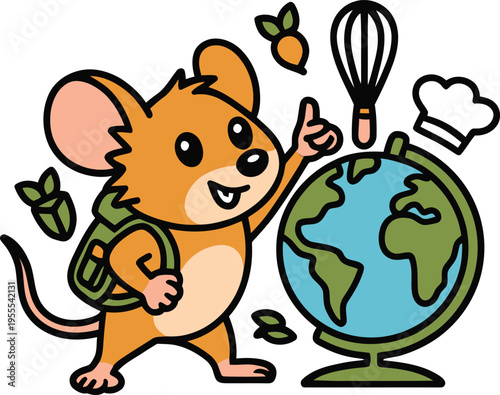 Cartoon mouse with backpack pointing at globe symbolizing travel and culinary adventure