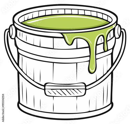 Green paint can illustration: a filled paint bucket spilling dripping light green paint, wooden paint bucket, art supply, paint bucket isolated