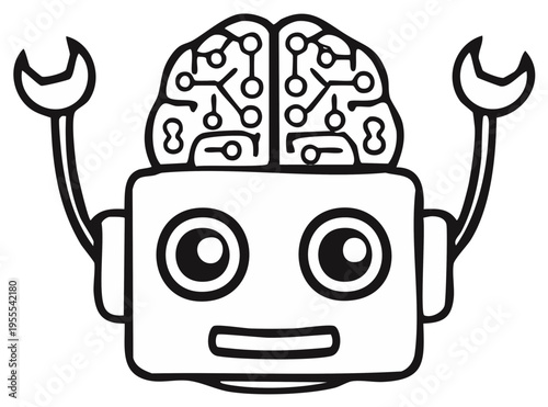 Cartoon Robot with Exposed Brain and Robotic Arms
