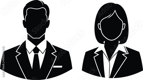 Black silhouette icons of man and woman in professional attire, showing corporate identity, workplace diversity, and profile design