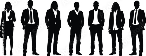 Black silhouettes of diverse business professionals standing side by side, wearing suits and dresses, showing teamwork, posture, and corporate identity