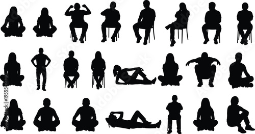 Black silhouettes of diverse people seated and standing in various postures, showing body language, social interaction, and ergonomic diversity