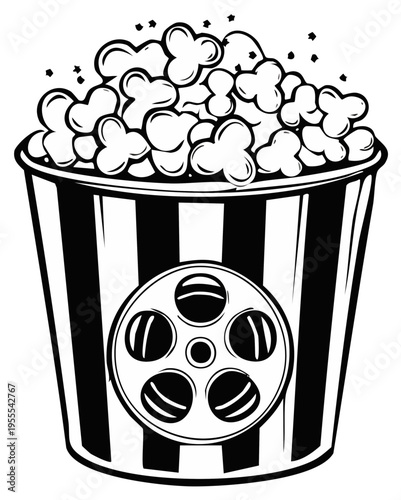 Striped popcorn bucket with film reel design, movie time concept
