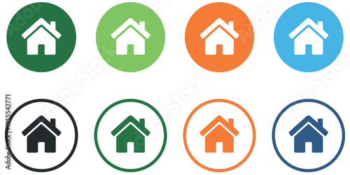 Web home icon set for apps and websites featuring house and main page symbols in circle, with filled, thin line, outline, and stroke styles, perfect for UI design, vector illustration