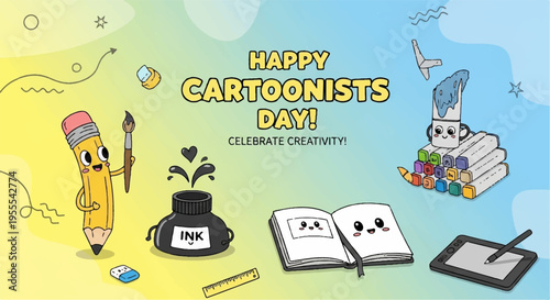 Cartoonists day celebration with colorful illustrations and creative tools