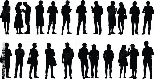 Black silhouettes of diverse people standing, talking, using phones, holding bags, and interacting in pairs, showing social behavior and posture