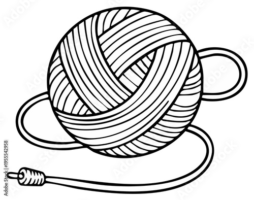 Knitting wool ball design illustration, drawing of tangled yarn ball with plug