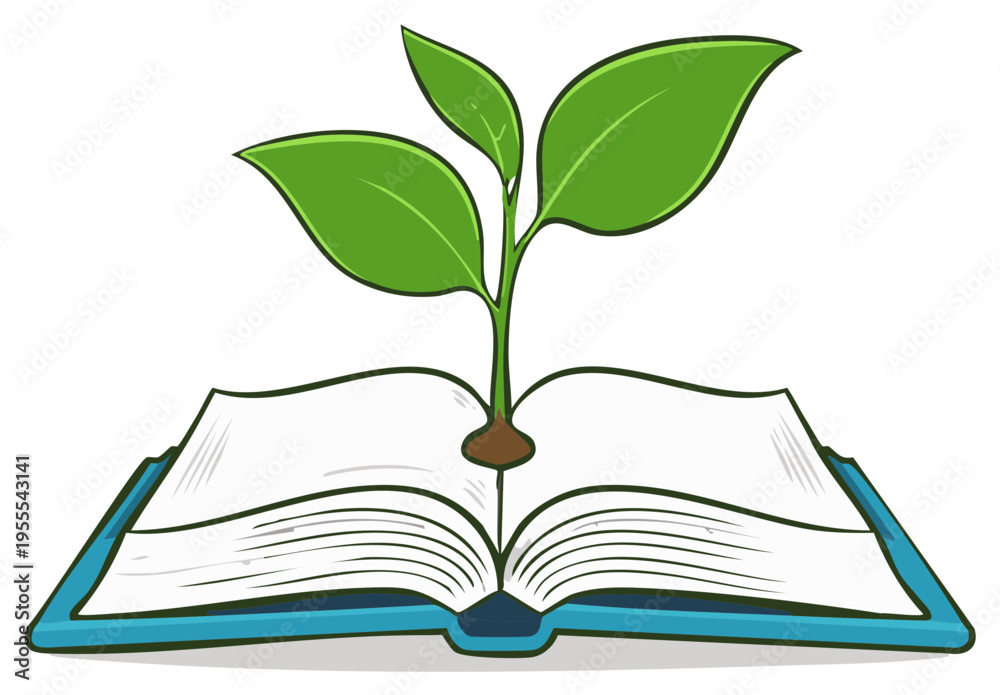 Obraz premium Young plant growing from an open book representing growth wisdom and new ideas
