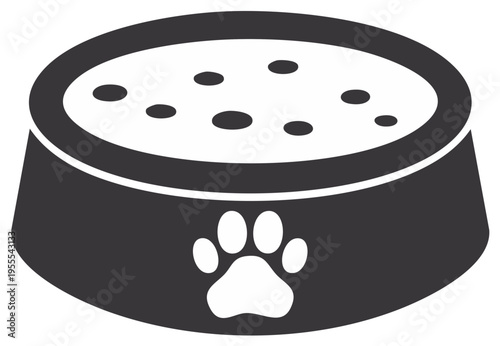 Pet food bowl icon with paw print filled with kibble for domestic animals