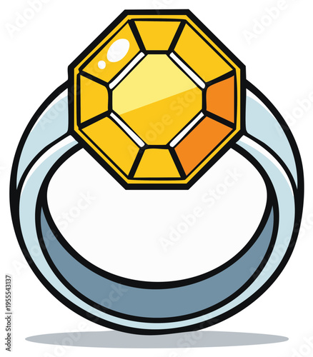 Cartoon Octagonal Yellow Gemstone Ring with Silver Band