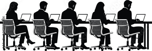 Black silhouettes of fifty diverse business professionals in four rows, showing corporate attire, posture, teamwork, and workplace diversity