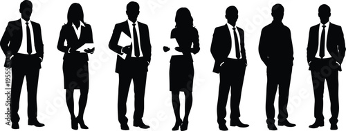 Black silhouettes of seven business professionals standing in row, wearing suits and skirts, holding documents, showing workplace diversity