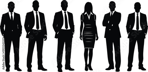 Black silhouettes of six business professionals standing in row, wearing suits and dress, showing workplace diversity and corporate culture