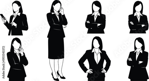 Black silhouettes of six businesswomen in professional attire, showing communication, confidence, contemplation, and workplace diversity through different poses
