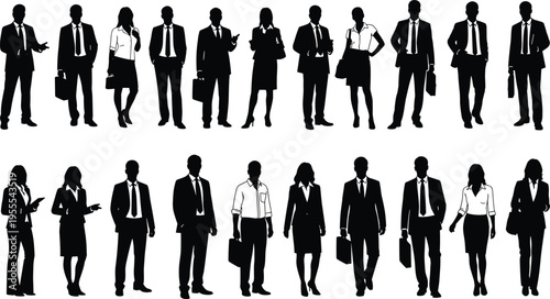 Black silhouettes of twenty business professionals in two rows, wearing suits and skirts, holding briefcases, showing workplace diversity