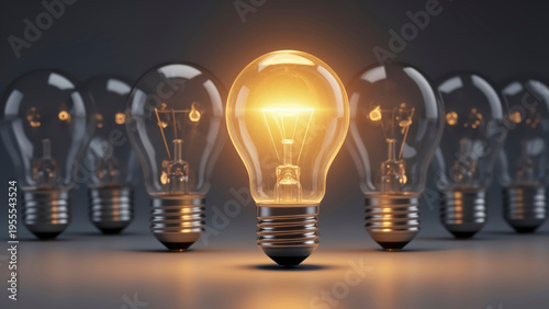 A glowing lightbulb standing out from dark bulbs, representing the concept of innovation, creativity, a bright new idea, and successful business leadership