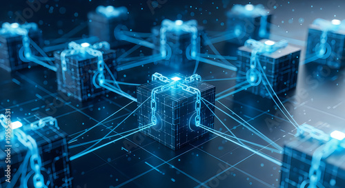 A blue digital image of blocks and chains