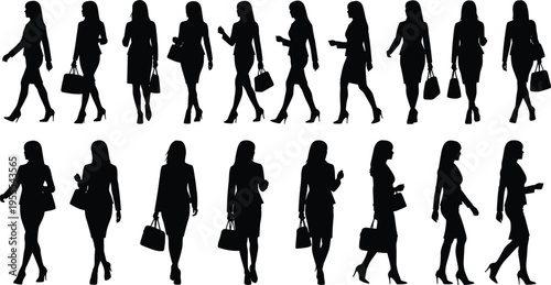 Black silhouettes of twenty businesswomen walking and standing in professional attire, carrying handbags, showing posture, fashion, and workplace diversity