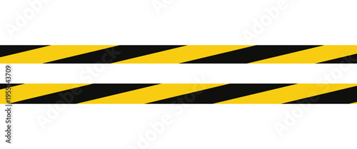 Warning tape with yellow and black diagonal stripes. Warn stop seamless line. Yellow and black caution tape border.