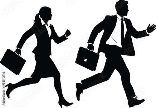 Business man and woman silhouettes running with briefcases in formal suits isolated on white background for deadline rush and career concept