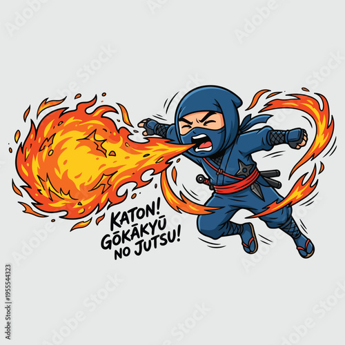 Cartoon illustration of a blue ninja spitting a large fireball with Japanese text.