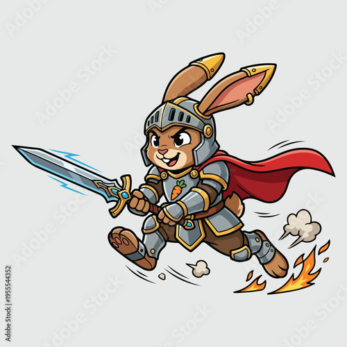 Anthropomorphic bunny warrior running with an enchanted sword and red cape.