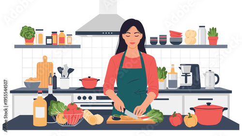 Skilled woman prepares a healthy meal by chopping fresh vegetables on a cutting board in her modern and well-equipped home kitchen.
