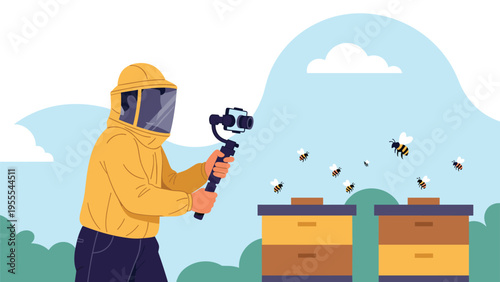 Professional beekeeper in protective gear uses a camera stabilizer to record high-quality video footage of honey bees near their hives.