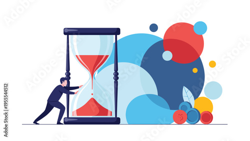 Determined businessman pushes a giant hourglass to demonstrate the pressure of time management and its direct impact on financial wealth.