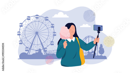 Happy young girl enjoys a day at the amusement park taking a selfie with a smartphone while holding a stick of pink cotton candy.
