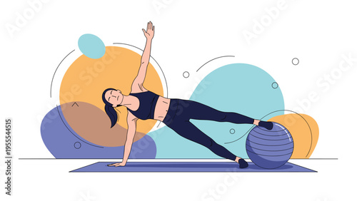 Fit young woman performing a side plank exercise with one leg resting on a blue fitness ball in a modern flat illustration style.
