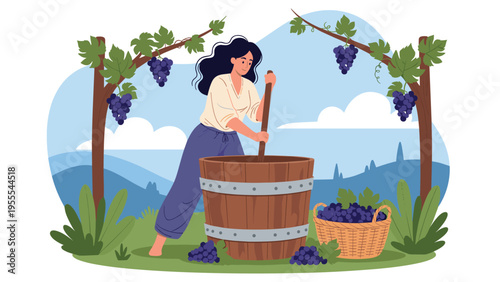 Young woman traditionally pressing purple grapes in a large wooden barrel at a beautiful vineyard during the autumn harvest season.