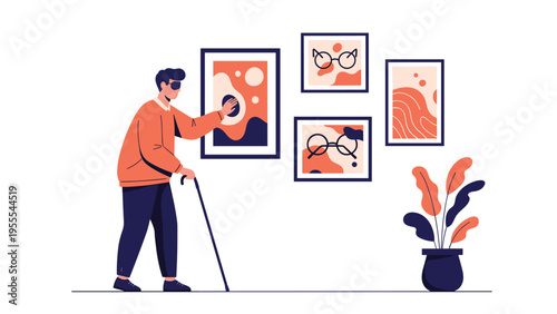 Visually impaired man uses his sense of touch to explore tactile artwork in a gallery while holding a white cane for accessibility.