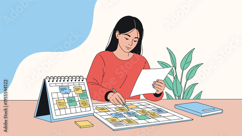 Focused woman sitting at her desk organizing her schedule using a large calendar and colorful sticky notes in a clean workspace environment.