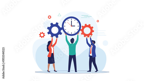 Business team members working together to synchronize a large blue clock and red gears representing efficient teamwork and time management.