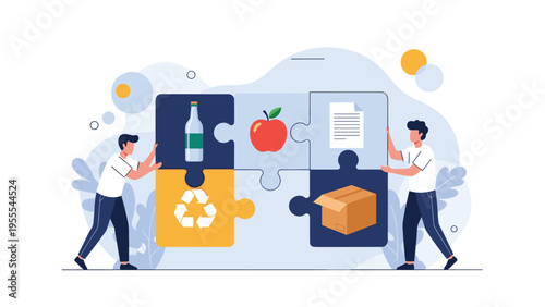 Professional men working together to assemble a jigsaw puzzle with recycling and food icons representing sustainability goals.