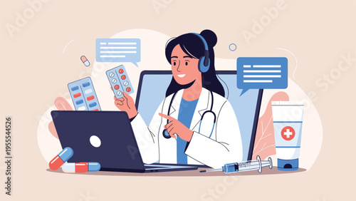Professional female doctor offers a virtual medical consultation through a laptop screen while showing medicine to her remote patient.