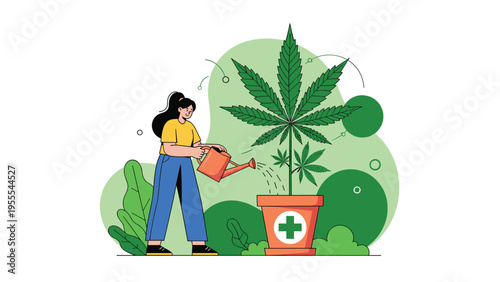 Young woman carefully watering a large medicinal cannabis plant growing in a pot marked with a green cross in a flat illustration style.