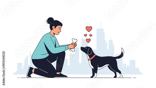 Young woman kneeling on the ground to give a delicious bone to her happy dog with a stylized city skyline in the background.
