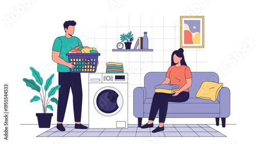 Couple working together on household chores with the man carrying a basket of laundry and the woman folding clothes on a sofa.